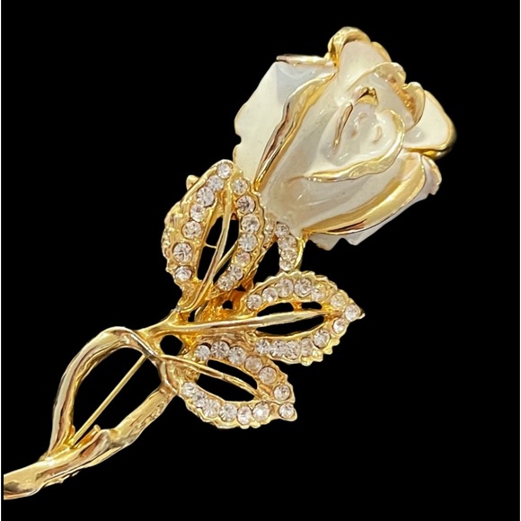 🌹 Beautiful Gold White Rose Brooch - Picture 1 of 3